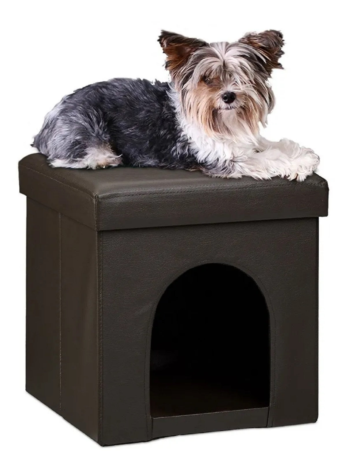 Casa cubo puff tipo baul para mascotas pequeñas en cuero sintetico color chocolate